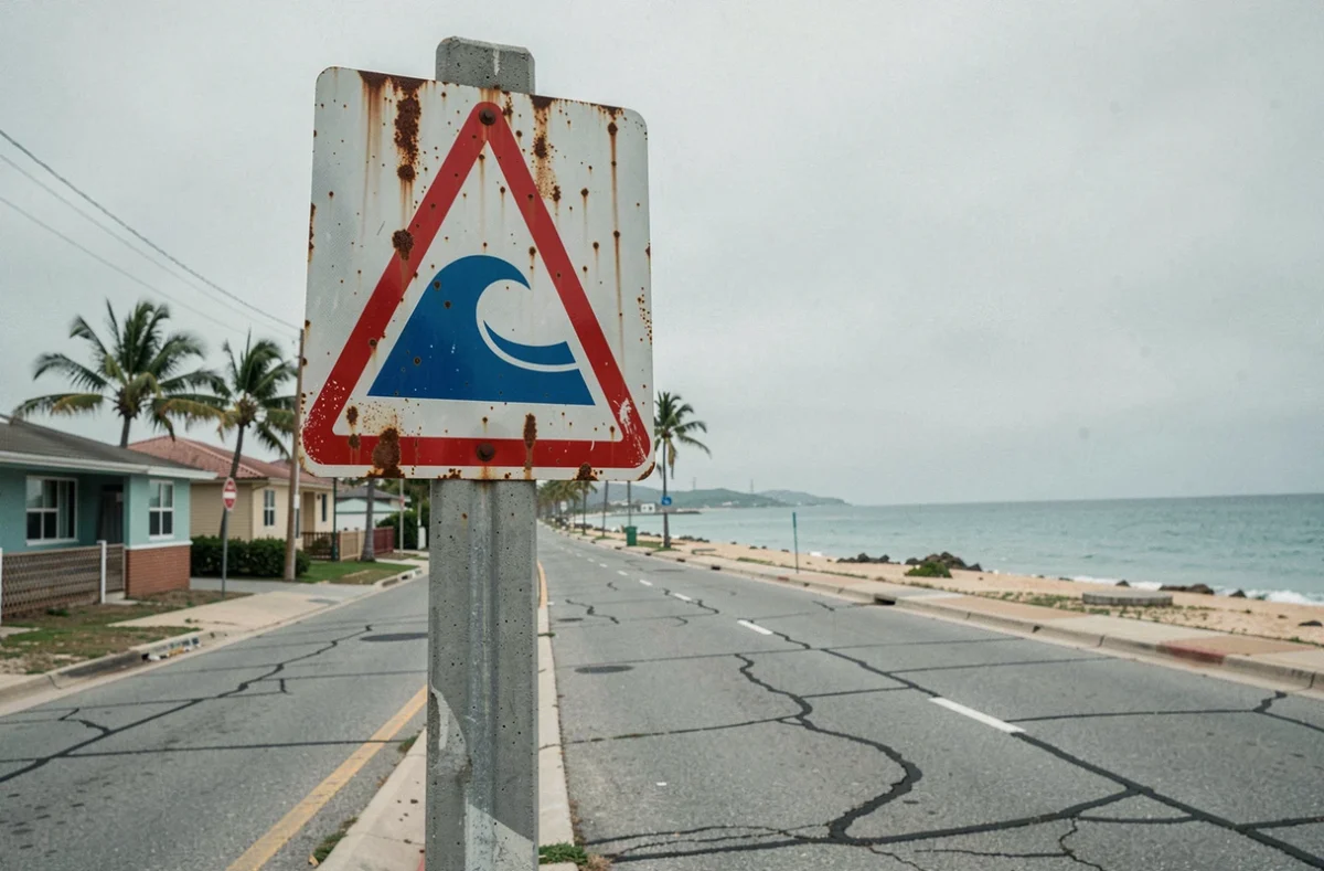 Panneau d'avertissement tsunami corrodé dans une ville côtière avec vue sur la baie, symbole du risque naturel pour les populations littorales