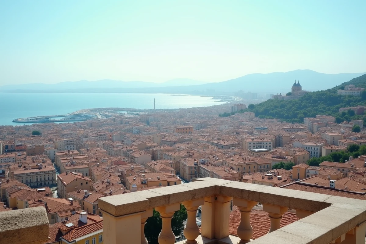 Panorama de Marseille depuis la colline de Notre-Dame de la Garde illustrant la densité urbaine et l'étendue de la ville