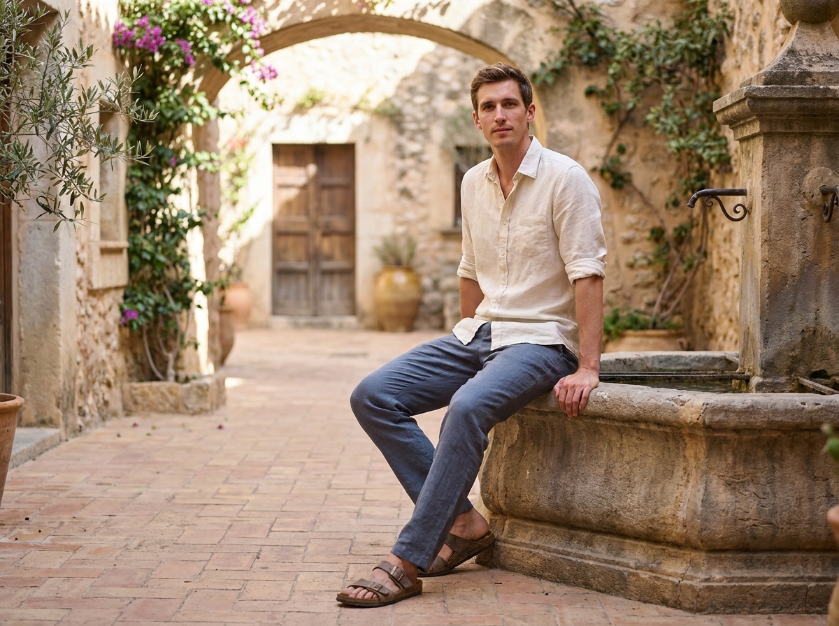 Homme grande morphologie en pantalon droit lin bleu ardoise assis dans une cour méditerranéenne ensoleillée