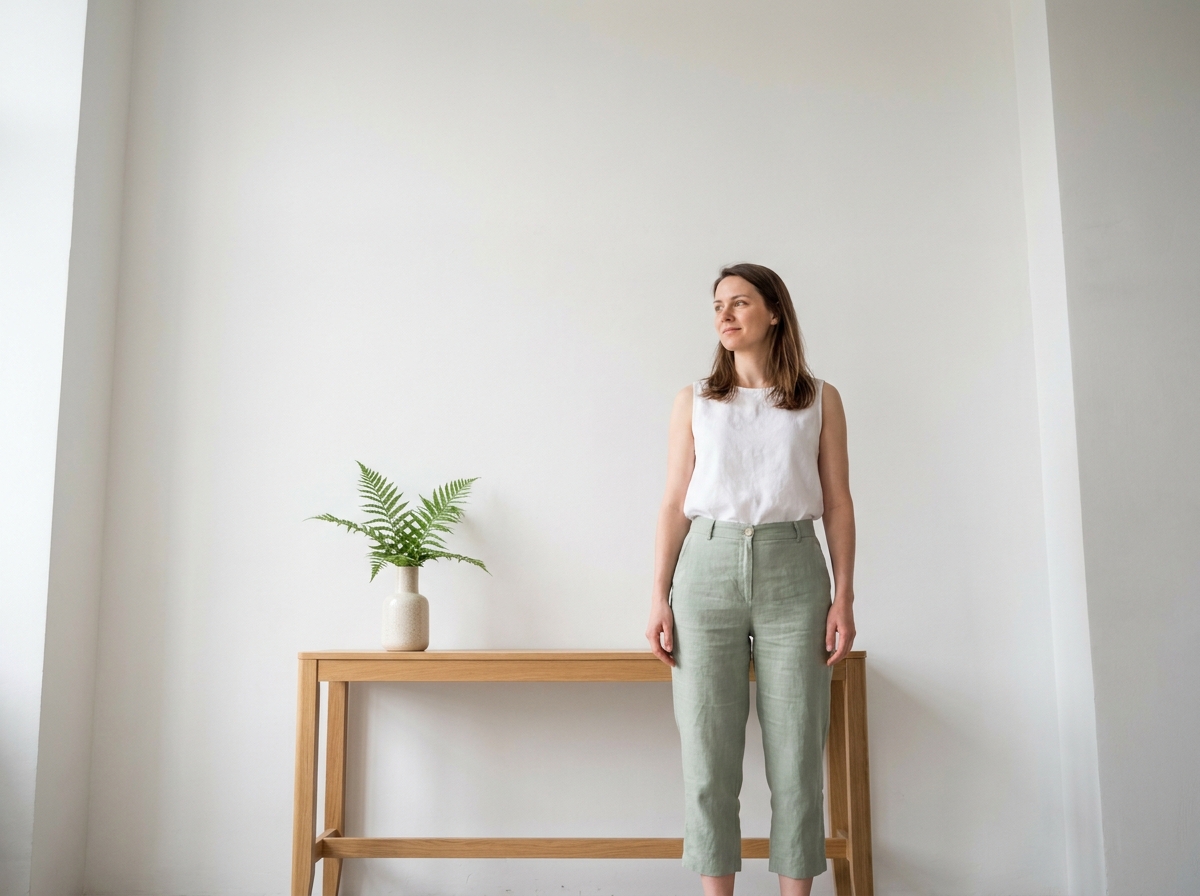 Femme petite morphologie en pantalon lin slim cropped vert sauge dans un intérieur scandinave minimaliste