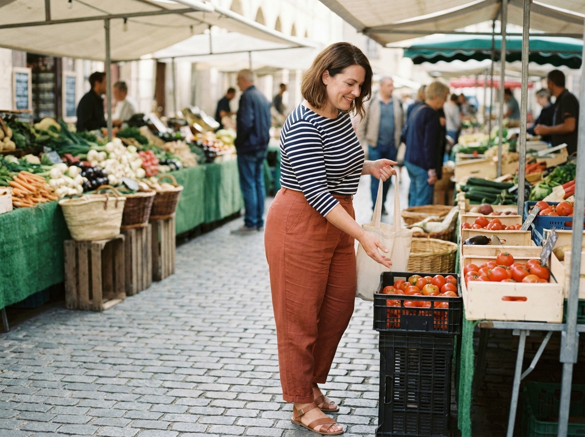 Femme ronde en pantalon lin taille haute fuselé terracotta au marché en plein air