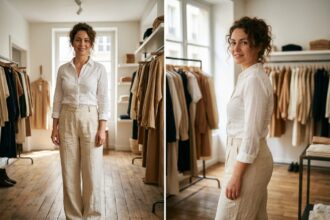 Femme morphologie en poire portant un pantalon en lin large coupe wide-leg dans une boutique parisienne