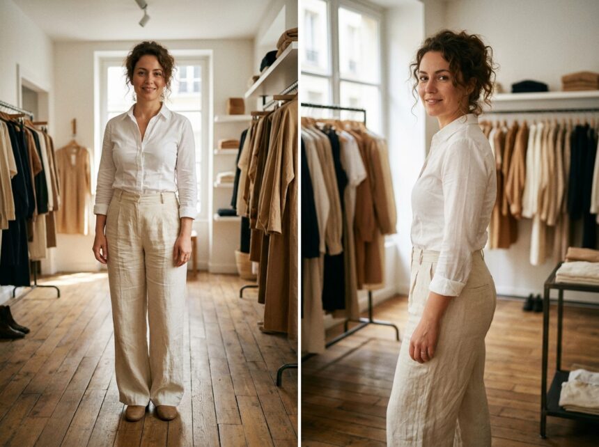 Femme morphologie en poire portant un pantalon en lin large coupe wide-leg dans une boutique parisienne