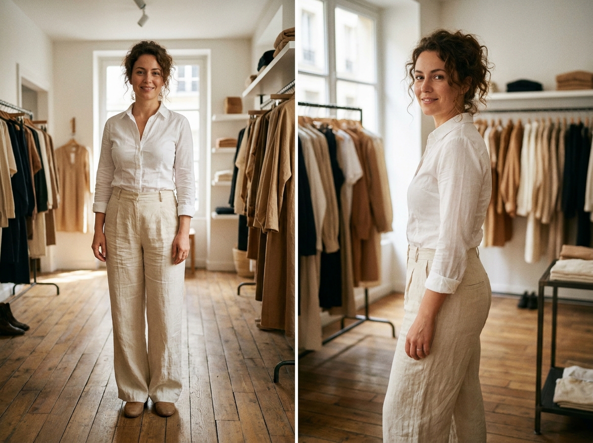 Femme morphologie en poire portant un pantalon en lin large coupe wide-leg dans une boutique parisienne
