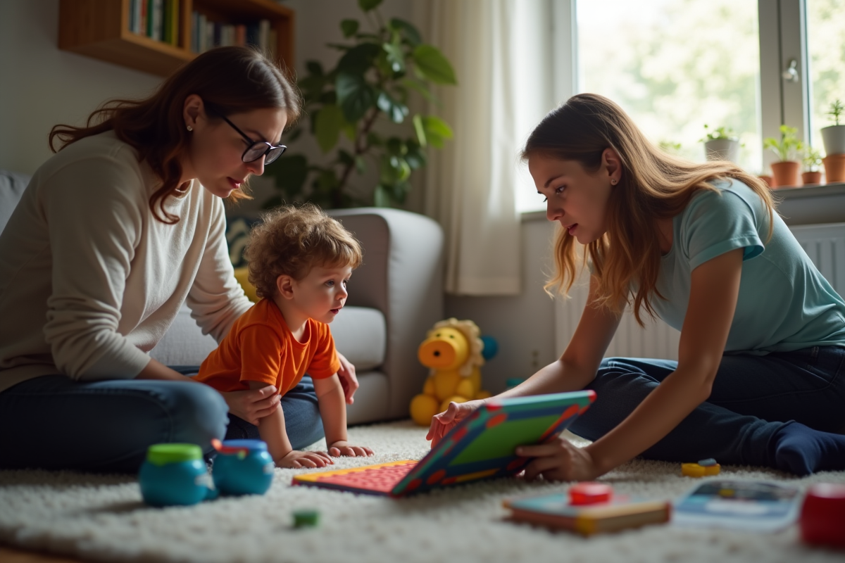 Parent inquiet regardant enfant avec tablette colorée