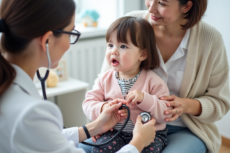 Petite fille chez le pédiatre avec sa mère rassurante