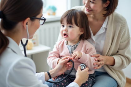 Petite fille chez le pédiatre avec sa mère rassurante