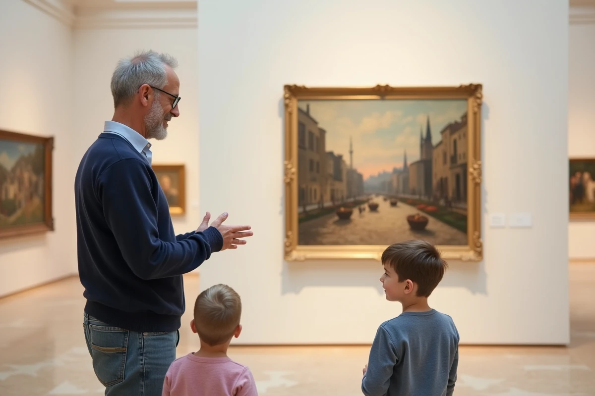 Père guidant ses enfants devant une reproduction de tableau impressionniste dans une galerie d'art épurée