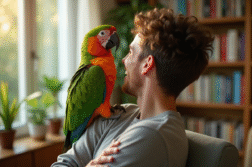 Perroquet vert et rouge sur l'épaule d'une personne dans un salon lumineux