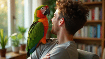 Perroquet vert et rouge sur l'épaule d'une personne dans un salon lumineux
