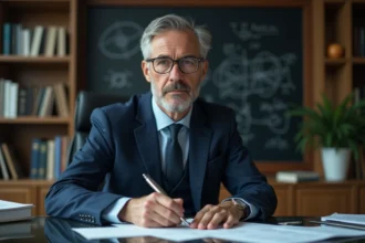 Physicien en costume bleu examinant des équations manuscrites