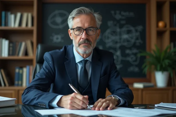 Physicien en costume bleu examinant des équations manuscrites