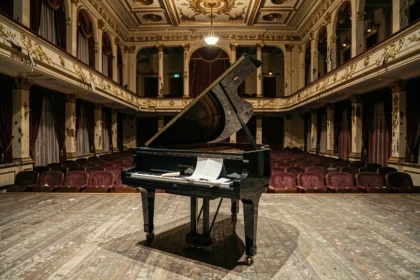 Piano abandonné dans une salle de concert vide, symbole de la carrière interrompue d'un artiste tragique
