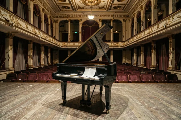 Piano abandonné dans une salle de concert vide, symbole de la carrière interrompue d'un artiste tragique