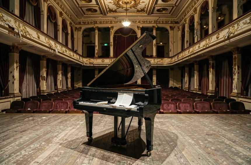 Piano abandonné dans une salle de concert vide, symbole de la carrière interrompue d'un artiste tragique