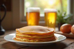 Pile de crepes dorées sur une table en bois avec bière et œufs