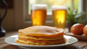 Pile de crepes dorées sur une table en bois avec bière et œufs