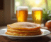 Pile de crepes dorées sur une table en bois avec bière et œufs