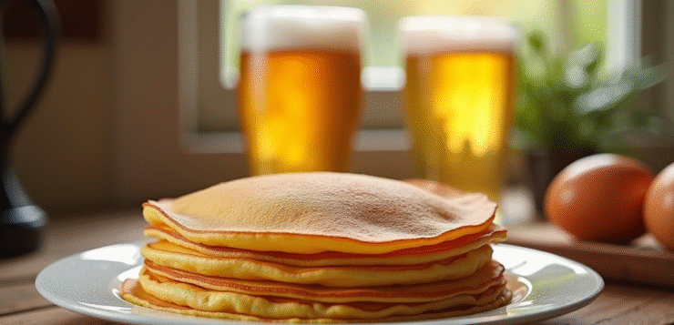 Pile de crepes dorées sur une table en bois avec bière et œufs