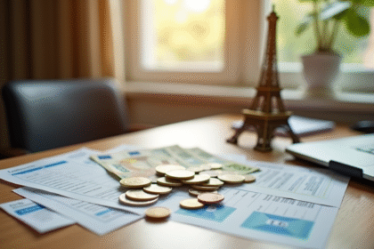 Piles de formulaires fiscaux euros et tour Eiffel