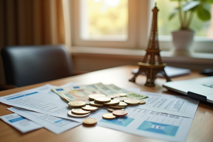 Piles de formulaires fiscaux euros et tour Eiffel