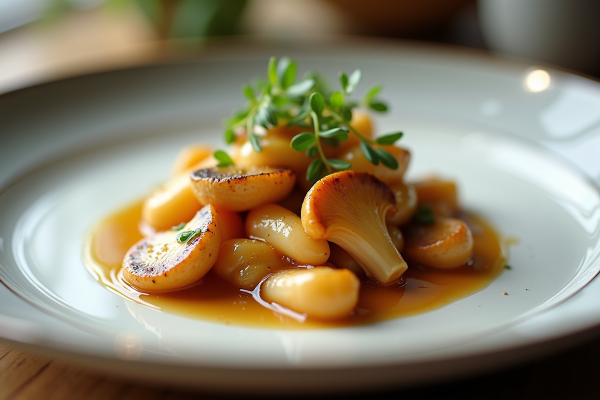 Plat gourmet de chanterelles sautées en présentation élégante