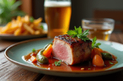 Plat de joue de porc braisée en sauce avec légumes de saison