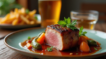 Plat de joue de porc braisée en sauce avec légumes de saison