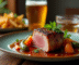 Plat de joue de porc braisée en sauce avec légumes de saison