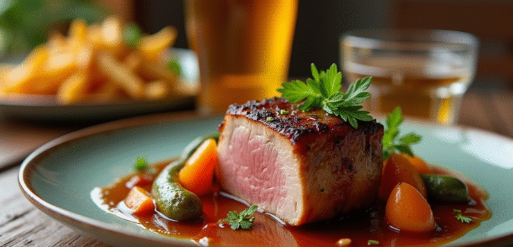 Plat de joue de porc braisée en sauce avec légumes de saison