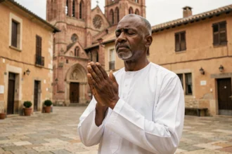 Homme en djellaba blanche priant sur la place historique de Montauban avec la cathédrale Saint-Jacques en arrière-plan