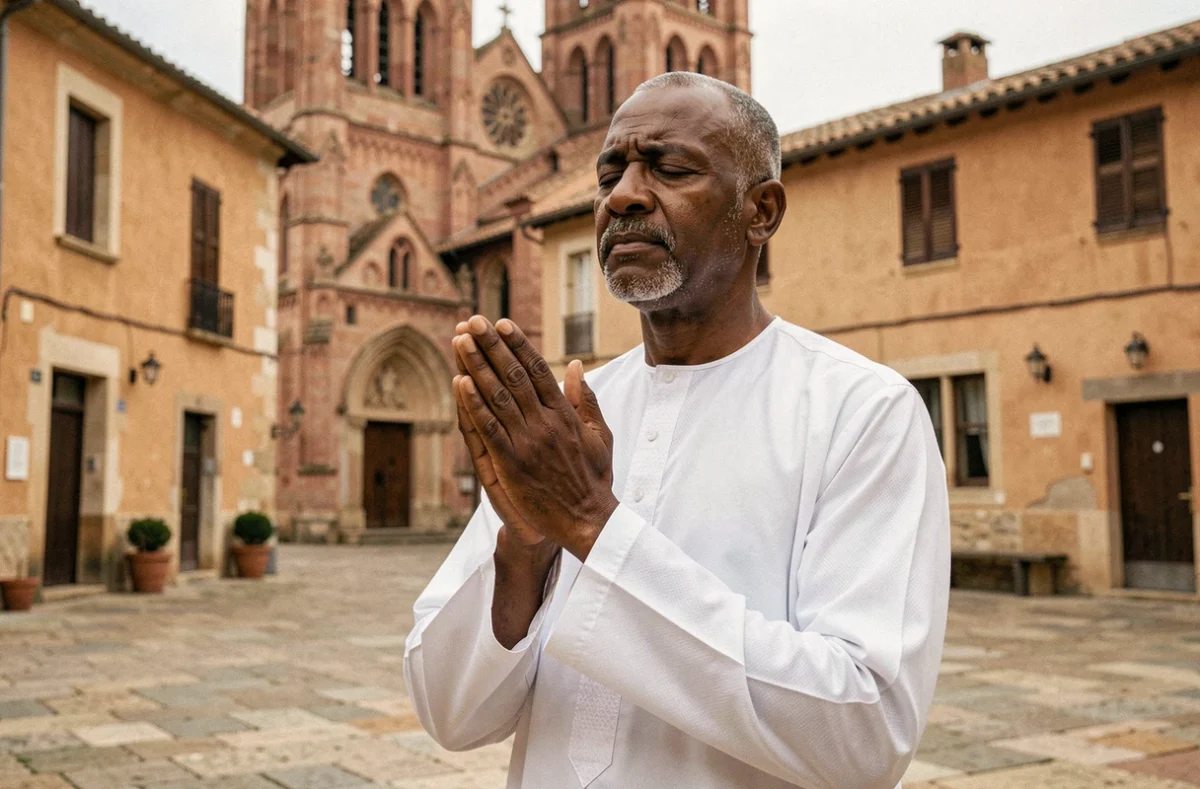 Homme en djellaba blanche priant sur la place historique de Montauban avec la cathédrale Saint-Jacques en arrière-plan