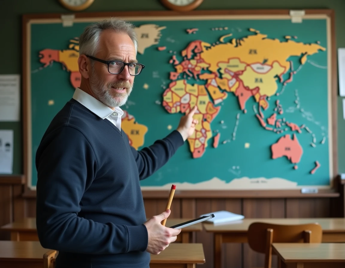 Professeur de géographie devant une carte murale expliquant les capitales des pays commençant par Y
