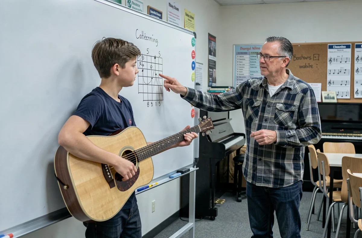 Professeur de guitare corrigeant les erreurs d'un élève sur les accords de Mistral Gagnant en classe de musique