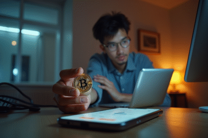 Jeune professionnel utilisant un ordinateur avec une pièce d'or crypto