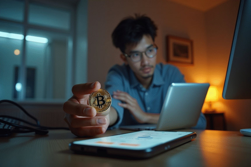 Jeune professionnel utilisant un ordinateur avec une pièce d'or crypto