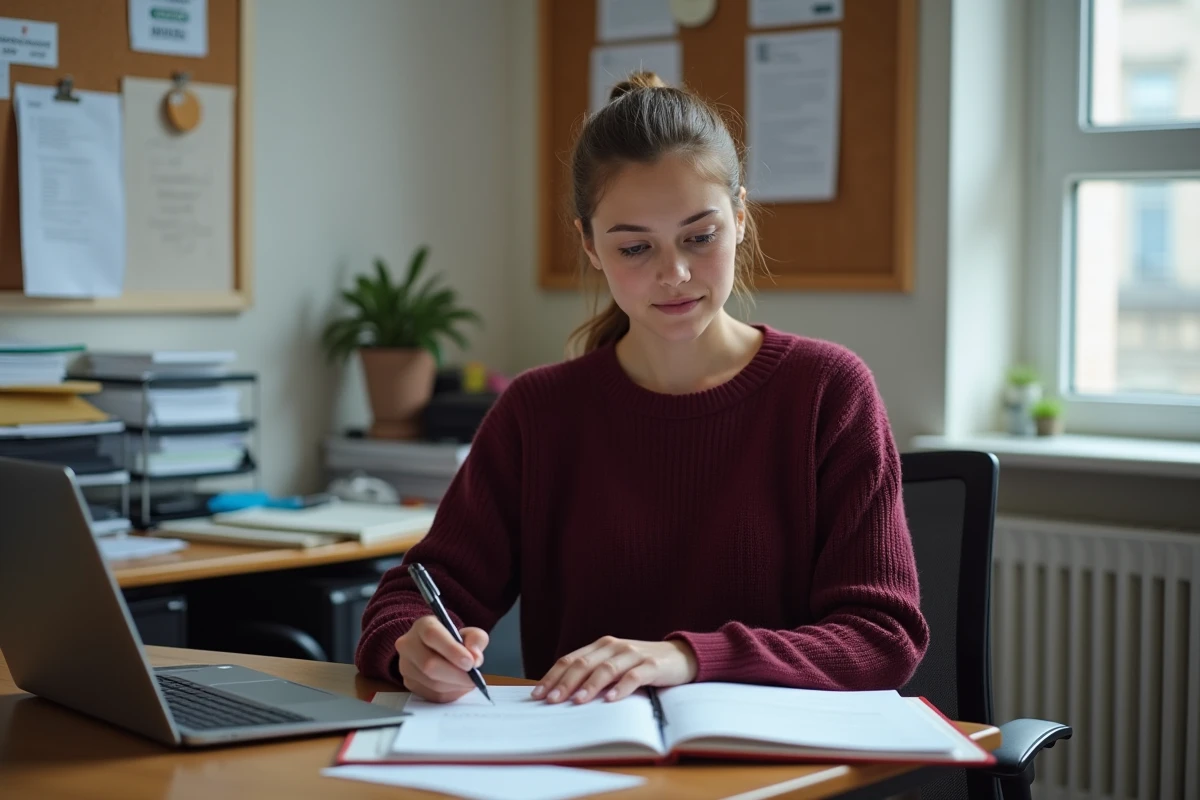 Jeune professionnelle du secteur social rédigeant un dossier de candidature à un poste d'animateur social, illustrant les compétences administratives et organisationnelles