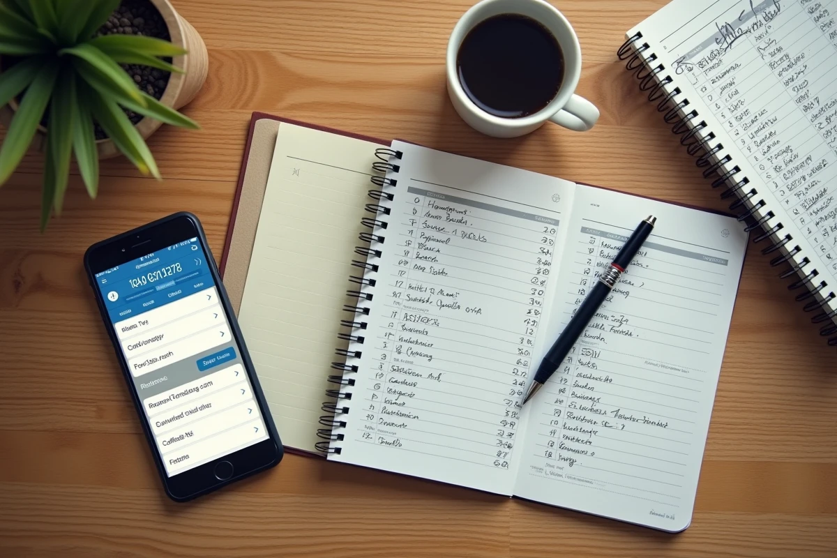 Vue de dessus d'un bureau avec smartphone, carnet de notes manuscrites et annuaire papier pour recouper un numéro