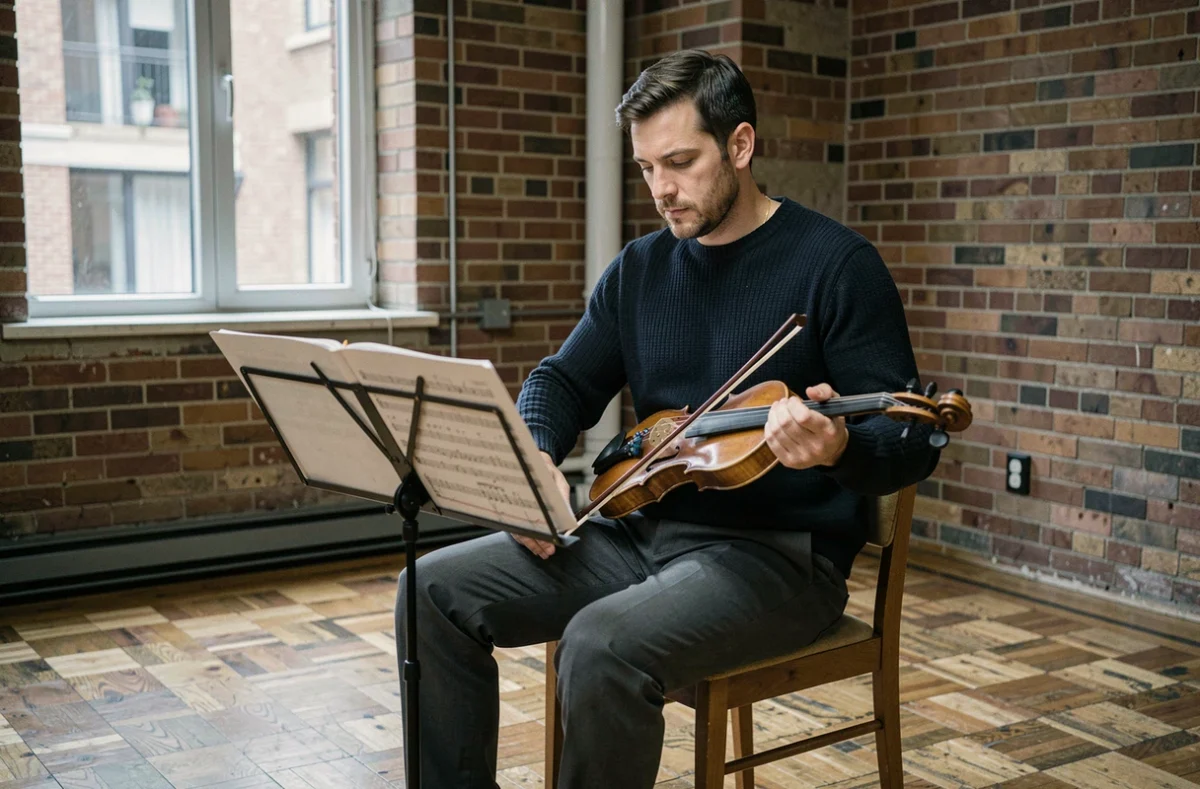 Renaud Capuçon en répétition dans un studio de musique classique, assis avec son violon et une partition, ambiance intimiste et concentrée