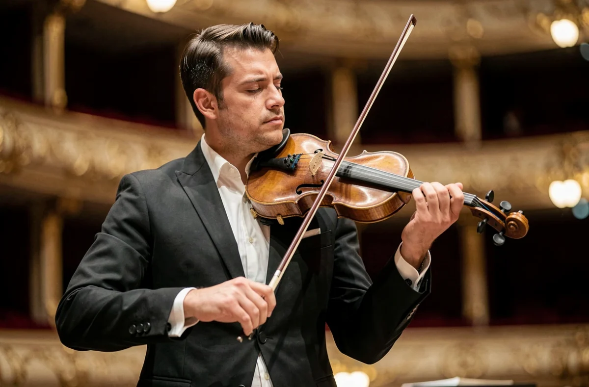 Portrait de Renaud Capuçon violoniste jouant sur scène dans une salle de concert prestigieuse, tenue de concert noire et expression musicale intense
