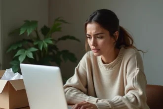 Femme examinant un formulaire de retour produit sur un site e-commerce depuis son bureau à domicile
