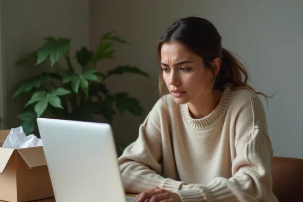 Femme examinant un formulaire de retour produit sur un site e-commerce depuis son bureau à domicile