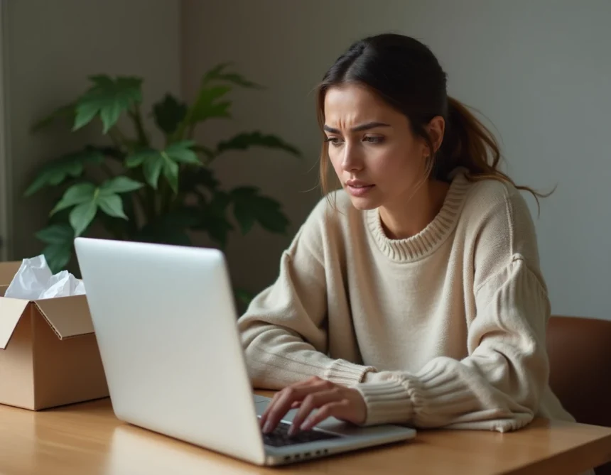 Femme examinant un formulaire de retour produit sur un site e-commerce depuis son bureau à domicile