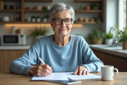 Femme senior détendue regardant ses papiers de retraite