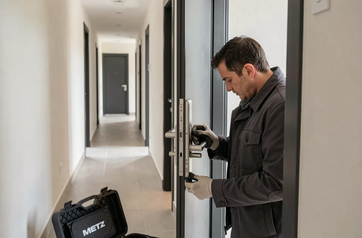 Technicien Safe Home installant un verrou haute sécurité sur une porte à Metz