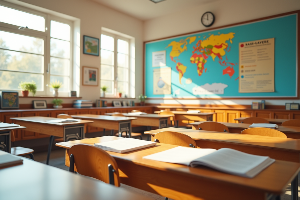 Salle de classe lumineuse avec cartes et matériaux éducatifs régionaux