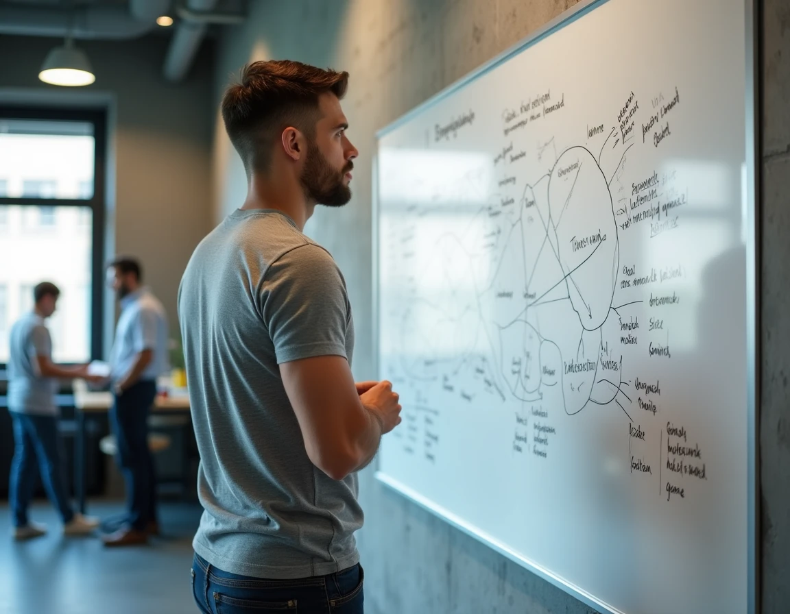 Homme présentant un schéma paradigmatique sur un tableau blanc dans un espace de travail moderne
