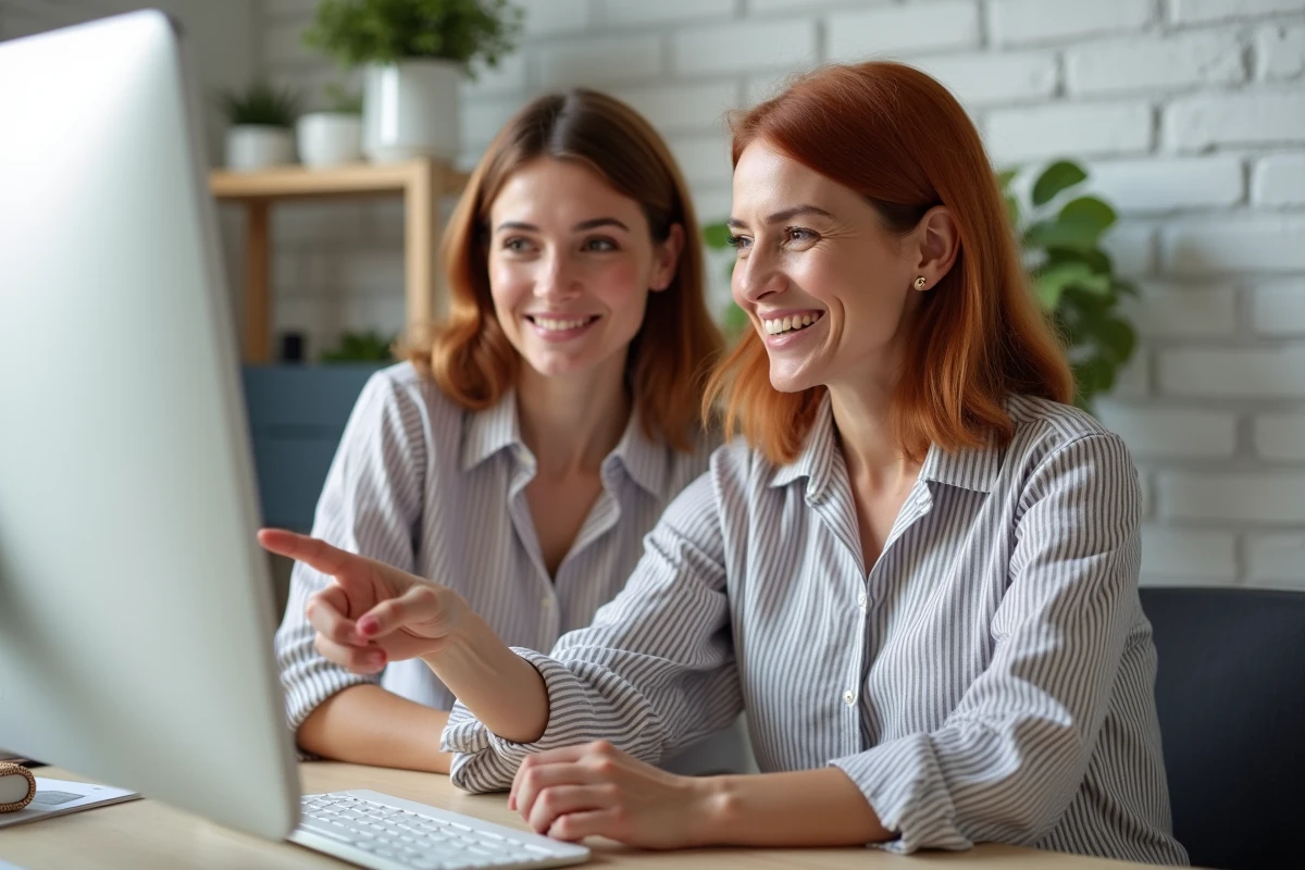 Femme senior apprenant à naviguer sur internet avec l'aide d'une jeune femme devant un ordinateur