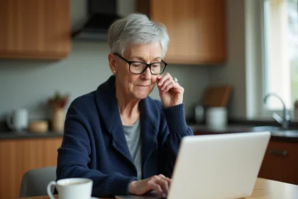 Senior femme âgée utilisant un ordinateur portable pour naviguer sur un site web depuis sa cuisine