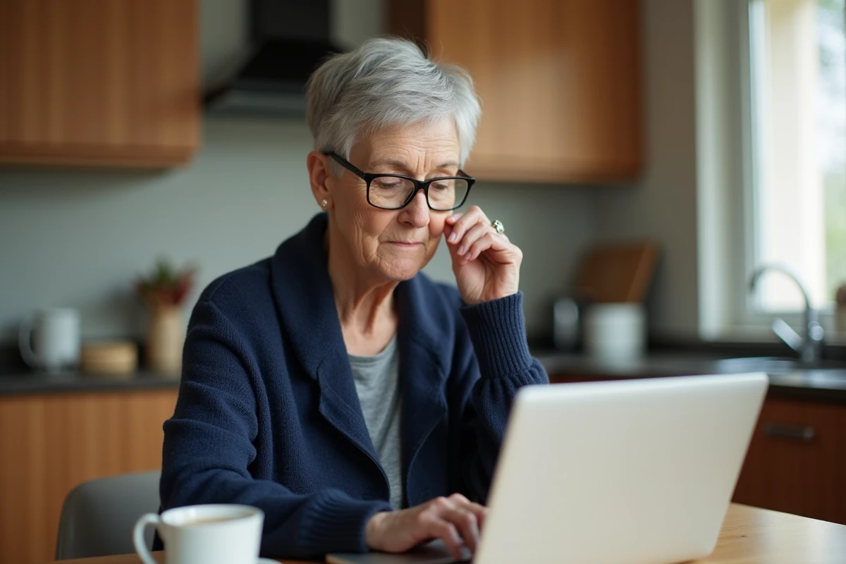 Senior femme âgée utilisant un ordinateur portable pour naviguer sur un site web depuis sa cuisine